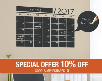 2017 Small Wall Calendar Decal, Chalkboard Wall Decal, Monthly Planner, Monthly Calendar - by Simple Shapes