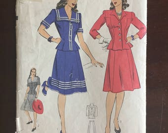 1940's Hollywood Two Piece Dress with Jacket and Skirt Pattern - Bust 32" - No. 1158