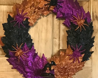 12" Sparkling Spider & Witches Hat Halloween Wreath