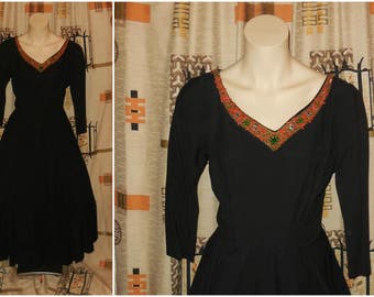 Vintage 1950s Dress Jewel and Sea Coral Neckline Full Skirt Black 50s Dress Real Coral Rockabilly Unique Must See! M chest to 39 in