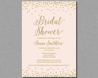 Blush Gold Bridal Shower Invitation pink glitter Mia BR85 Digital or Printed