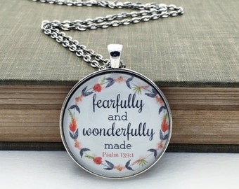 Fearfully and wonderfully made glass pendant bible verse necklace bronze silver coral gray salmon inspirational jewelry psalm 139:14 gift