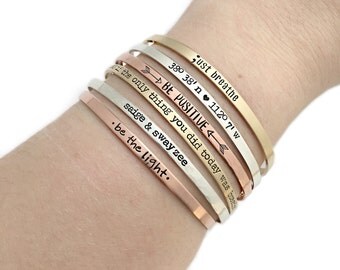 Personalized Cuff Bracelet - Inspirational Bangle Bracelets - Custom Mantra - Skinny Cuffs - Hand Stamped Stacking Bangle - Breathe - 1183