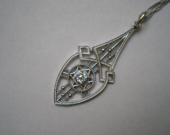 Antique Vintage Platinum Old Euro Cut Diamond Solitaire Pendant Necklace 18 Inches