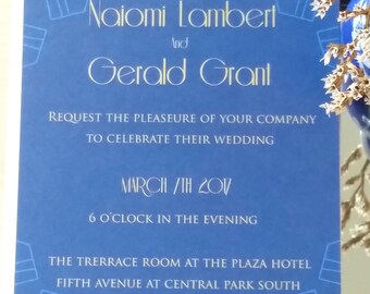 Modern Gatsby blue wedding invitation-digital, digital art deco wedding invitation, digital blue and gold wedding invitation, downloadable