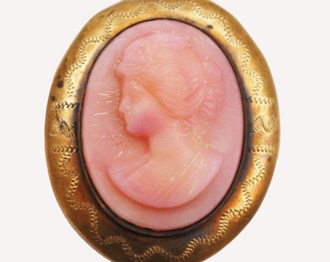 Pink Cameo Brooch - Gold filled - Pink Glass - C clasp - Victorian - Etched gold plated