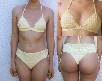 String Brodé Empreinte - Taille FR40 - Couleur Jaune Avec Motif Fleuri - 80% Polyamide, 20% Élasthanne - Neuf étiqueté