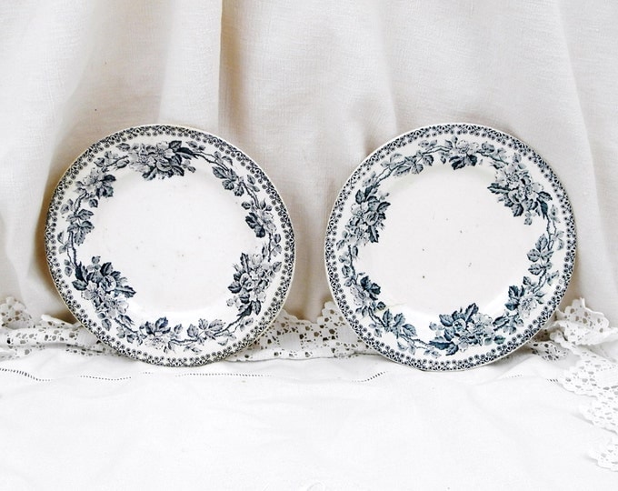 2 Antique French H.B.C.M China Dessert Plates with Dark Blue Transferware Wild Rose Pattern, Chateau, Chic, French Country Decor, Cottage
