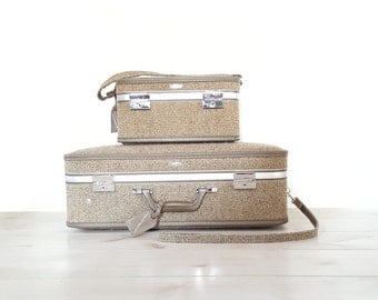 Vintage Tweed Luggage/ Train Case ~ Halston III 3 by Hartmann Tweed Rolling Luggage Suitcase -Grey/Brown Travel Train Carry On Cosmetic Case