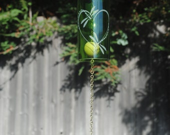 Dragonfly Heart Wine Bottle Windchime - Outdoor Glass Etching House Warming Patio Summer Wedding Bottles Upcycle Eco Friendly Upcycle