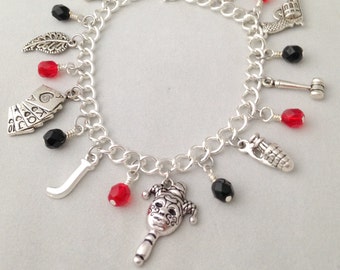 Harley Quinn Charm Bracelet - DC Universe Inspired Jewelry with Silver Charms and Black and Red Beads