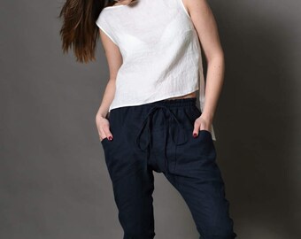 Linen pants , linen trousers , 100% linen , blue linen , eco friendly linen , prewashed linen , handmade to order , Bengi design