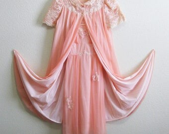 Mad Men Pink Chiffon Nightgown Peignoir Set Gossard Artemis Small
