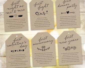 Marriage Milestone Wine Basket Tags — Set of 6 — Bridal Shower Gift / Wedding — Firsts Poems — Illustrations — 3.5"x5" — INSTANT DOWNLOAD!