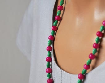 Dyed Bone and Paper Bead Necklace - Indian Pink and Green Necklace : Unique, Ethical, Recycled bead necklace