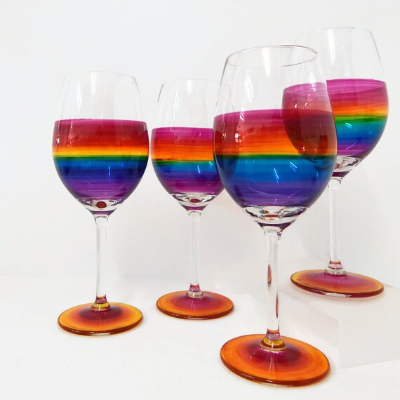 Rainbow Gifts Set of 4 Rainbow Wine Glasses Personalised Hand