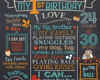 Fox First Birthday Chalkboard - Woodland 1st Birthday Chalk Board Sign - Milestone Birthday Poster - Printable - Baby's First Birthday