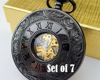 Black Pocket Watch Set of 7 Personalized Groomsmen Gifts Engraved Wedding Pocket Watches with Chains Groomsman Best Man Father of the Bride