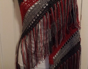 S020: Boho Shawl (Gray & Cranberry Stripe)