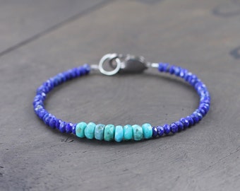 Beaded Lapis & Turquoise Bracelet in Sterling Silver or Gold Filled, Blue Multi Gemstone Delicate Layering Bracelet, Turquoise Jewelry