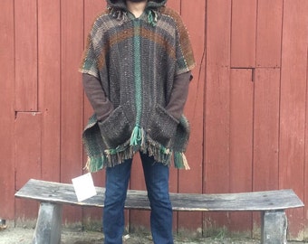 Tree Man Handwoven Hooded Super-Warm Wool Poncho with pockets