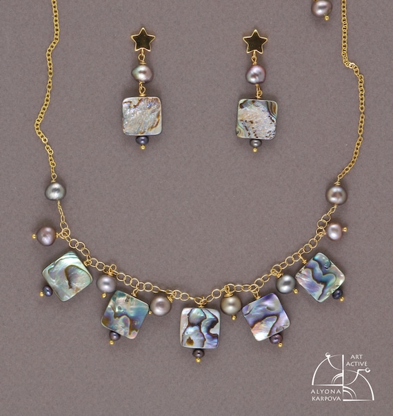 Abalon world. Trendy necklace and long earrings with pearls and Abalon. Fashion jewelry set. Beautiful gift for her