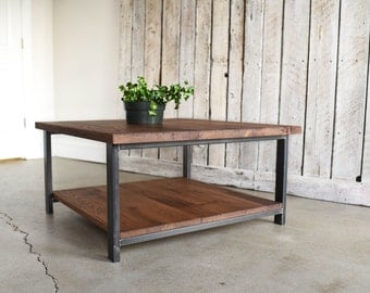 Square Coffee Table With Lower Shelf / Industrial Reclaimed Wood and Steel Coffee Table