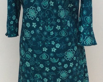 Vintage dress plus size 1960s 1970s mid century Mad Men Joan Peggy teal green patterned sixties seventies Halloween costume party large 0100