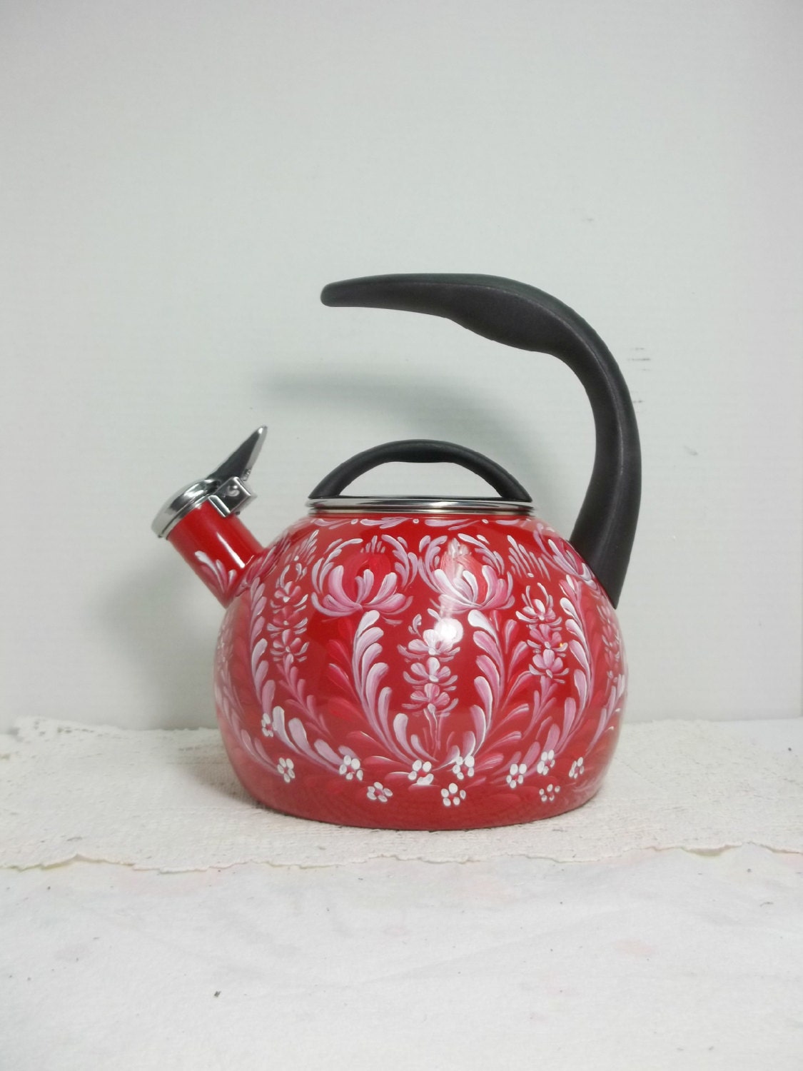 Tea Kettle Red Enamel Hand Painted Whistling Tea Kettle