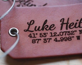 Personalized Luggage Tag, Wedding, Anniversary Leather Gift, Travel, Coordinates, For Boyfriend, Baggage Tag, Name Identification.