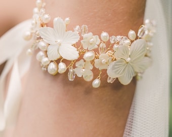 bridal bracelet, wedding bracelet, floral bracelet, wedding cuff bracelet, pearl bracelet, flower bracelet, wedding jewelry - ARIANNE