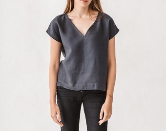 Basic linen top, Linen blouse, Graphite grey top, Minimal top, Minimal linen blouse, Washed linen blouse, Linen, Linen clothes for woman
