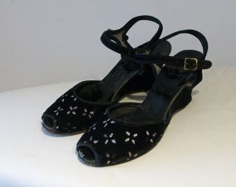 Darling 1950s velvet peep toe wedge sandals w/glitter flocking US 5 1/2 UK 3 1/2