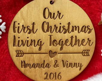 Our First Christmas Living Together Ornament - Personalized Wood Ornament, Gifts for Her, New Home Ornament, New Family, Commemorative Gift