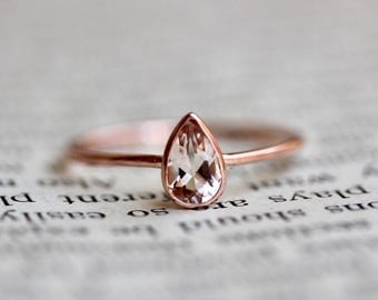 14K Pear Morganite Ring, Solitaire Ring, Dainty Engagement Ring, Pink Stone, Blush Stone, Gemstone Ring, Bezel, Sold Gold, Stacking Ring