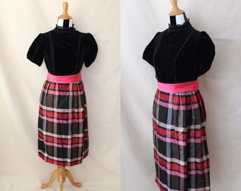 1950s Black Velvet Puff Sleeve Dress with Pink Plaid Skirt Pink Ribbon | 50s Fit and Flare Party Dress | High Collar Midcentury