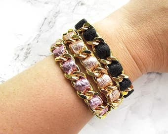 Gold Leather Stacker / Chain Bracelet / Chain Link / Gold Chain / Leather Bracelet / Coco Bracelet / Chanel Inspired / Metallic Leather