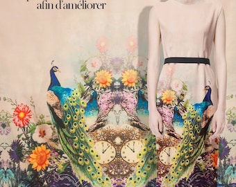 Printed couture fashion fabric,peacock,floral pattern,faux crepe de chine silk,sew for top,vest,shirt,skirt,dress,pants,craft by 148cm*115cm