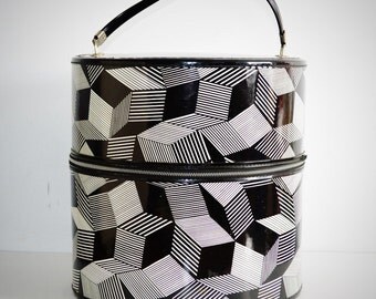 Vintage Graphic Cubist Black and White Hat Box, Overnight Bag, Train Case. Luggage, Travel
