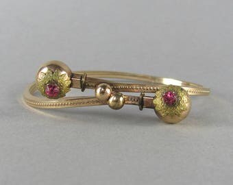 VICTORIAN antique bracelet with pink paste gems, double ball flower antique bangle bracelet, unique gold plated vintage gemstone bracelet