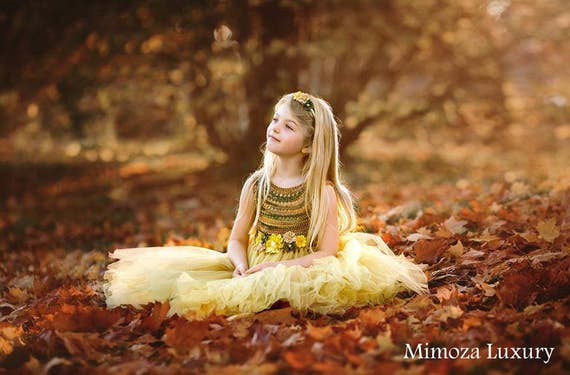 Autumn Flower girl dress, autumn wedding, orange, green, gold princess dress, gold crochet top tulle dress, hand knit tutu dress