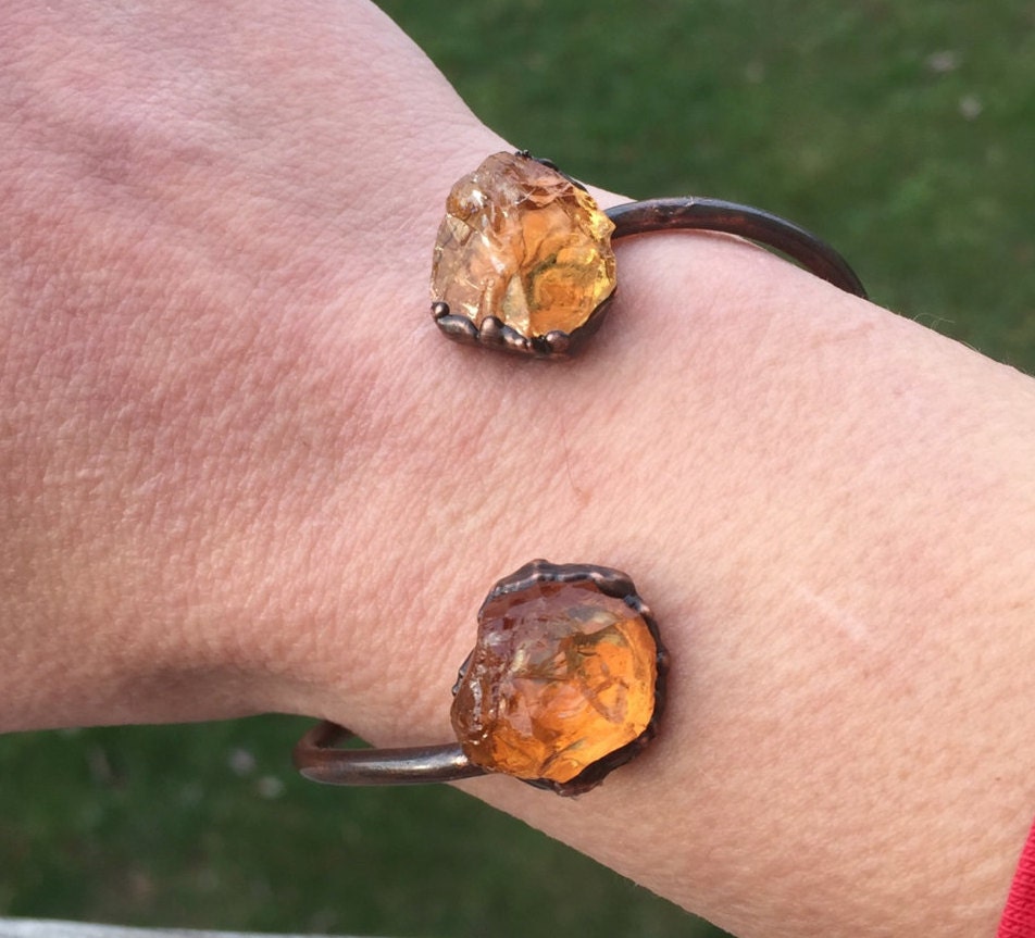 Raw Citrine Open Cuff Bracelet Two stone Citrine Copper