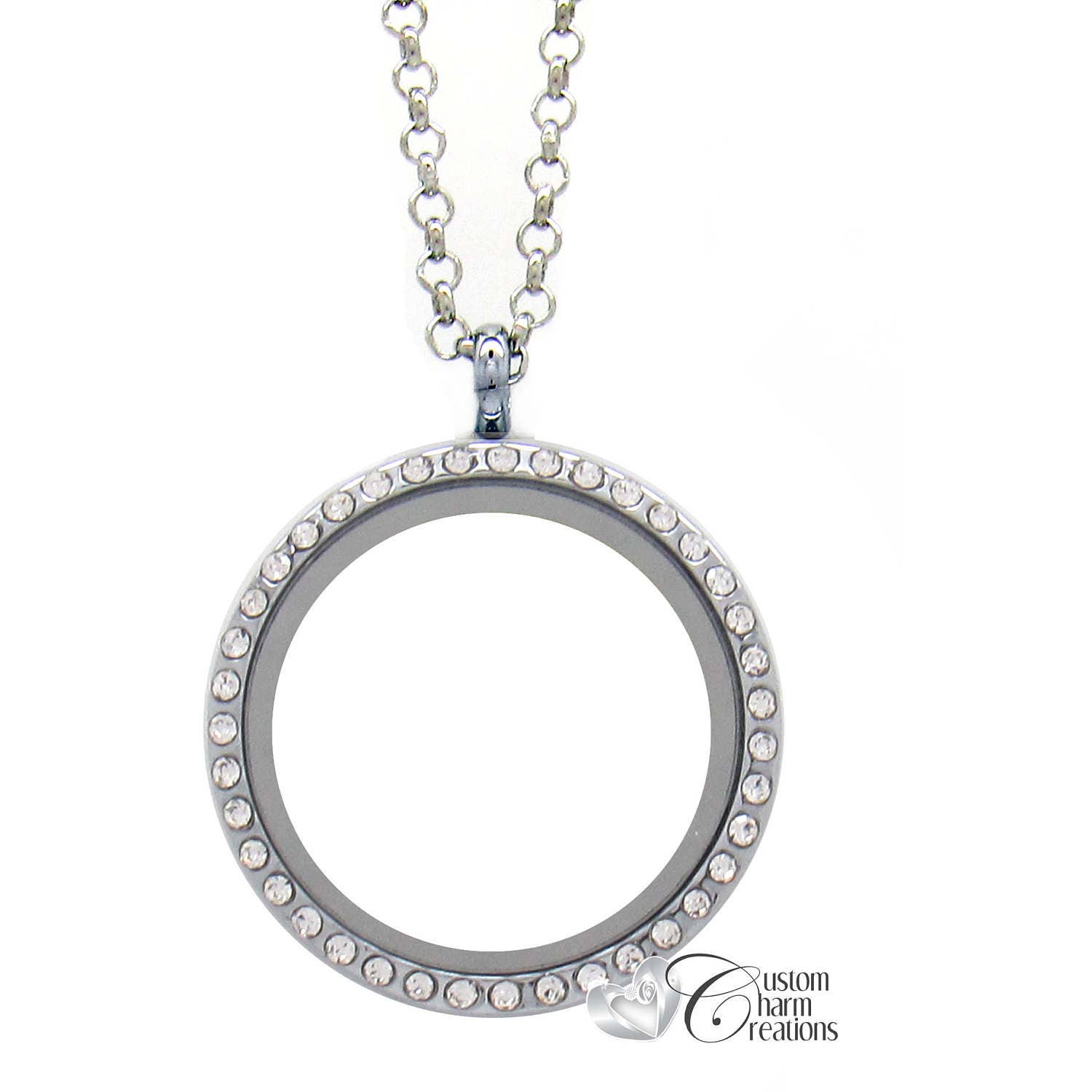 Floating Locket Necklace with Crystals Large 30 mm Round