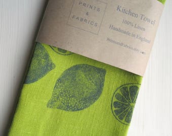 Hand Printed Kitchen Towel, Tea Towel, Pure Linen