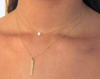 Gold Tiny White Opal Necklace , Gold Bar Necklace , Gold Filled Necklace , Delicate Layering Necklaces , dainty necklace , necklace set