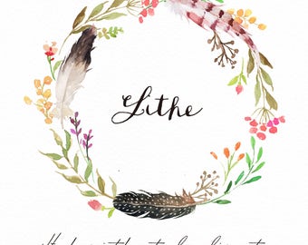 Watercolor Floral Wreath-Lithe/Wild/Boho/Feather