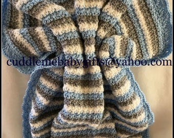 Baby Shower Handmade Crochet Baby Blanket baby blue Grey White Baby Afghan Baby Shower Gift Baby Boy
