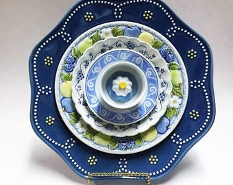 Blue Glass Plate Flower - Glass Flower Plate - Art Flowers - Glass Flowers - Dish Flowers - Kitchen Decor - Living Room Decor - Home Decor
