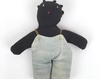 vintage handmade folk art doll, black doll, cloth doll, rag doll, primitive fabric doll