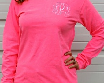 Comfort Colors Long Sleeve Monogrammed T-Shirt (Embroidered Monogram Tee Shirt) 6014